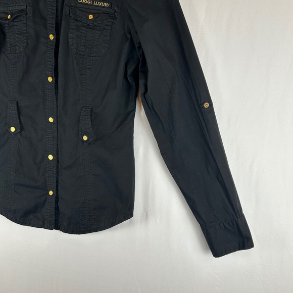 COOGI Luxury Black Embroidered Button Down Shirt Roll Tab Sleeve Military M - Picture 8 of 14